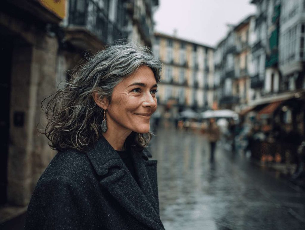 Mujer con aspecto fresco y rejuvenecido paseando por Bilbao